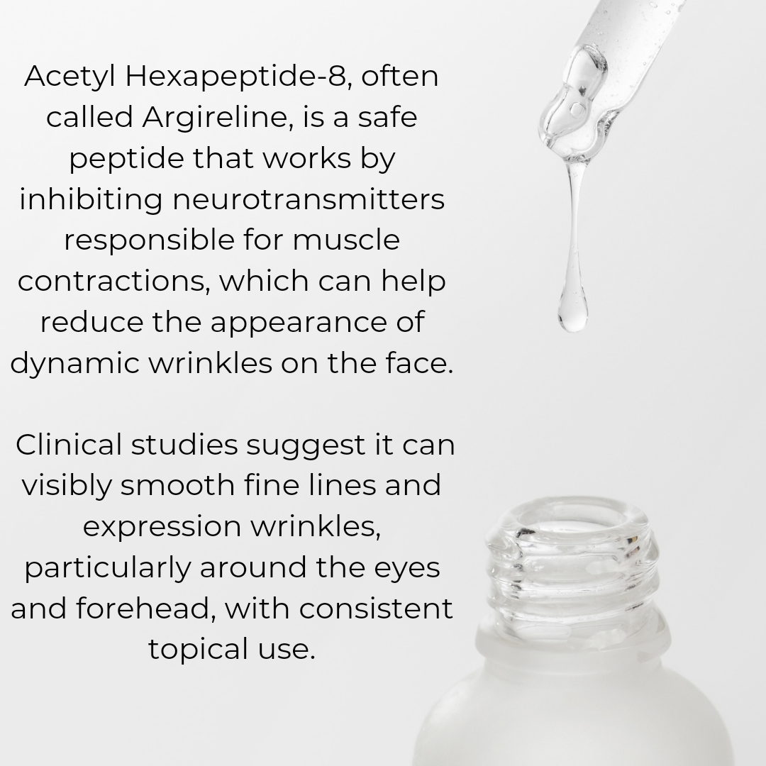 Acetyl Hexapeptide-8, often called Argireline, is a peptide that works by inhibiting neurotransmitters responsible for muscle contractions, which can help reduce the appearance of dynamic wrinkles on the face. Clinical studies suggest it can visibly smooth fine lines and expression wrinkles, particularly around the eyes and forehead, with consistent topical use.

