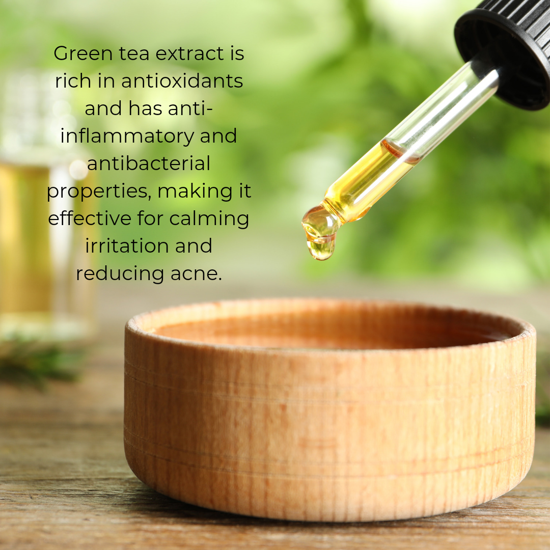 Green tea extract is rich in antioxidants and has anti-inflammatory and antibacterial properties, making it effective for calming irritation and reducing acne.

