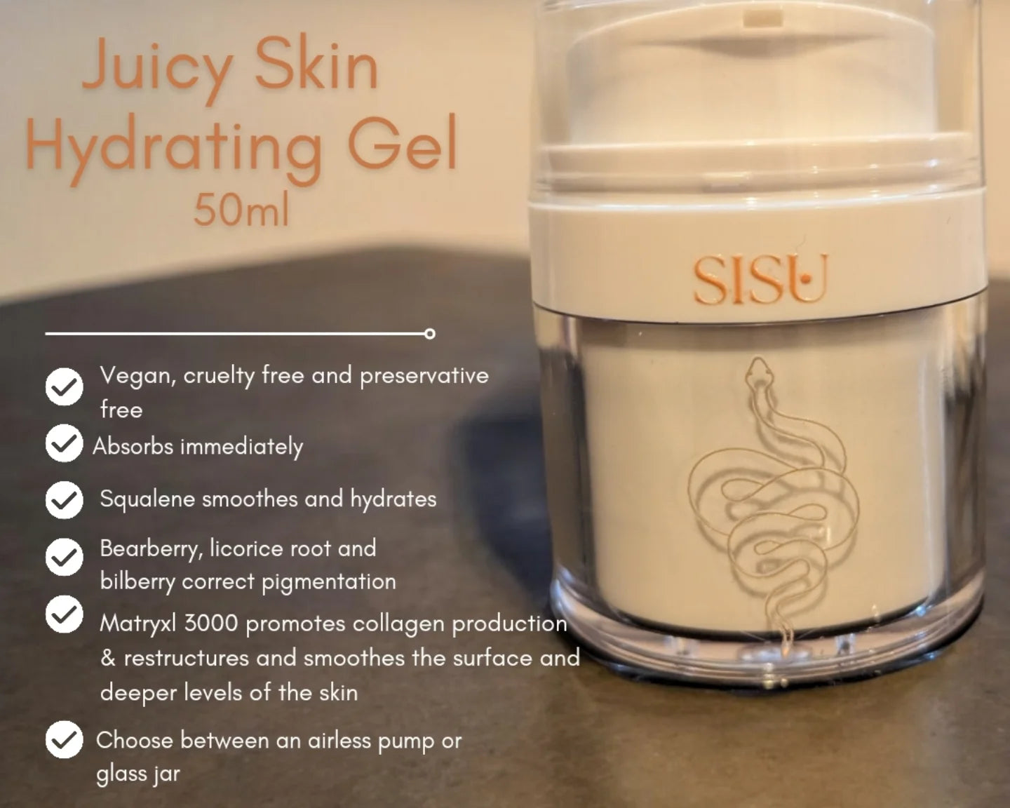 Airless pump jar 
Jar of hydrating acne safe gel for deep hydration and soothing. Rich in brightening extracts 
Gotu Kola is a powerful herb known for promoting skin healing, boosting collagen production, and improving elasticity while soothing inflammation.

