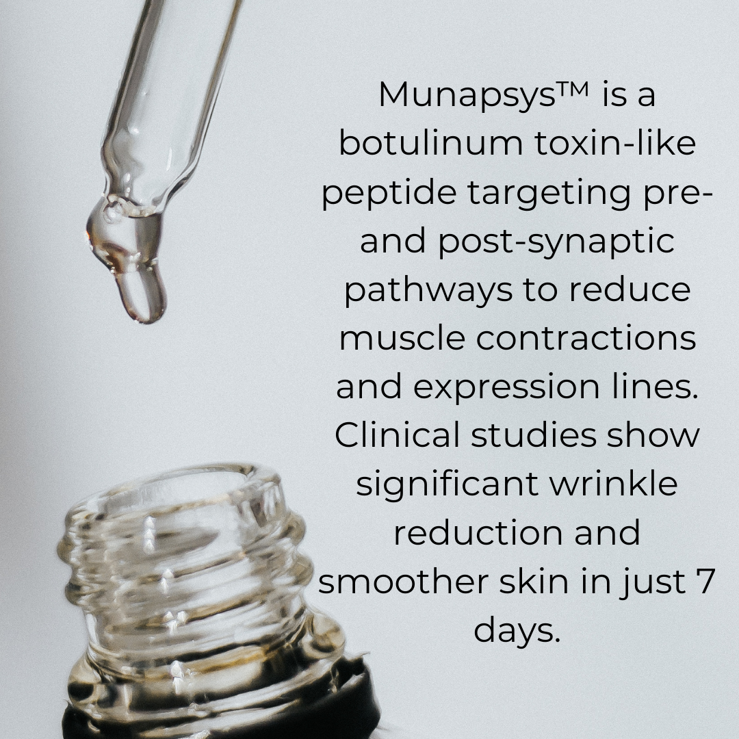 Munapsys™ is a botulinum toxin-like peptide targeting pre- and post-synaptic pathways to reduce muscle contractions and expression lines. Clinical studies show significant wrinkle reduction and smoother skin in just 7 days.

